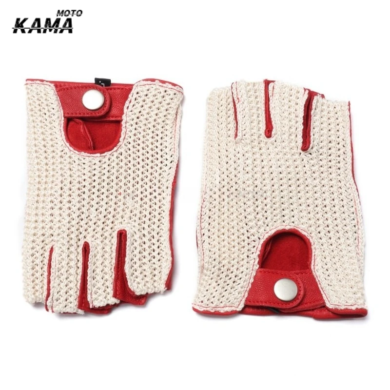 Semi-Fingers Gloves Unisex Knitted Sheepskin Patchwork Retro Riding Driving Women Half Finger Mittens Men Leather Gloves