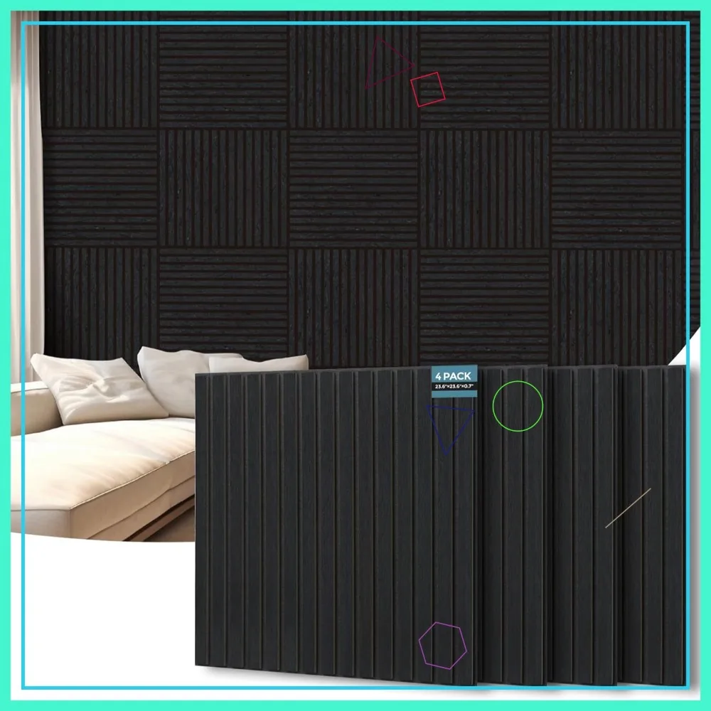 

4 Pack 3D Slat Wall Panels for Wall & Ceiling, Sound Absorbing Wood Panels, Fire Retardant & FSC, 15.5 ft² (Black Oak)