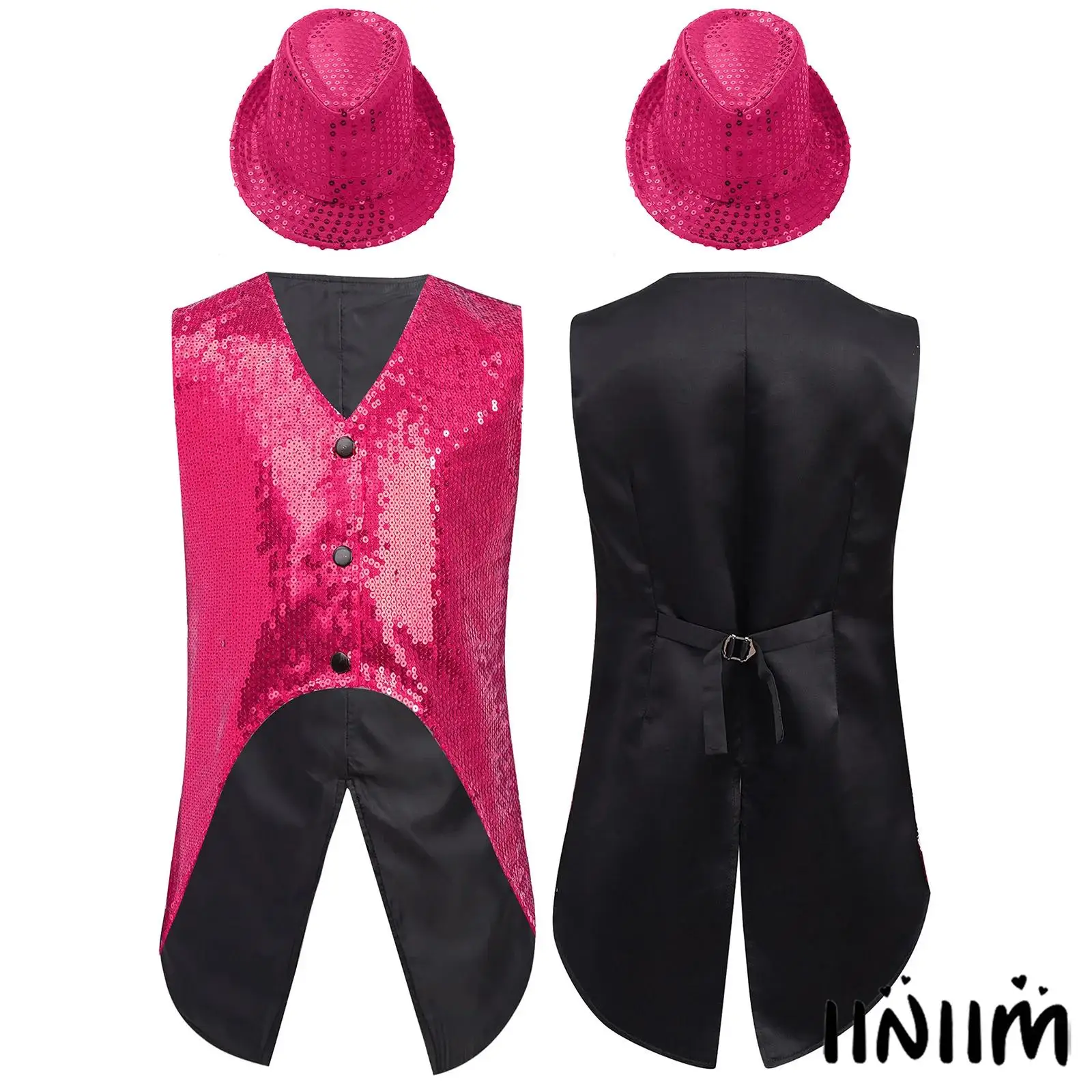 

K‌ids Boys Sparkle Sequin Vest Set V-Neck Asymmetrical Hem Matching Hat for Birthday Jazz Dance Stage Performances‌ Costume