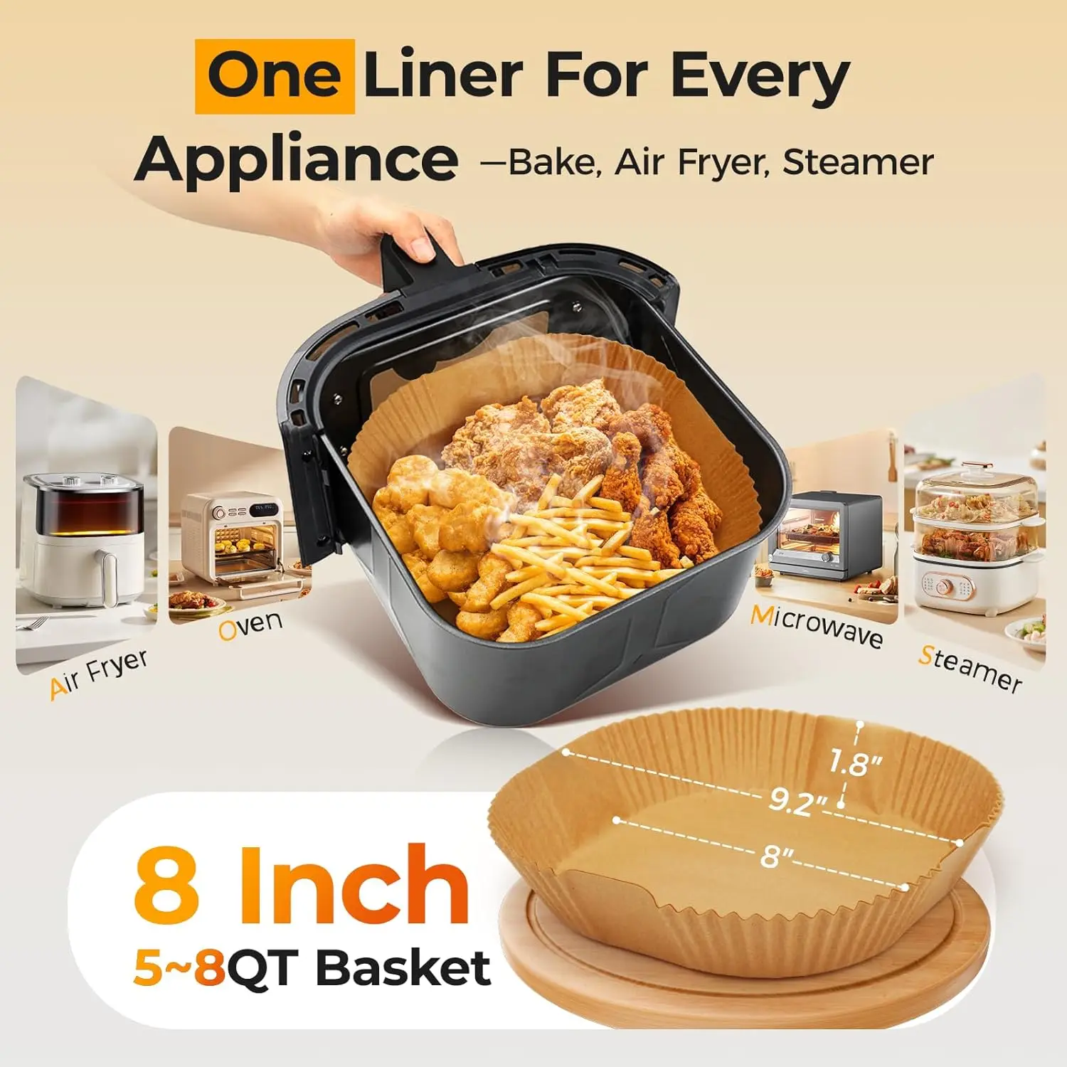 Air Fryer Paper Liners 50Pcs, 8 Inch Square Non-Stick Parchment Liners, Disposable Bleach Free Liners for Air Fryer & Microwave