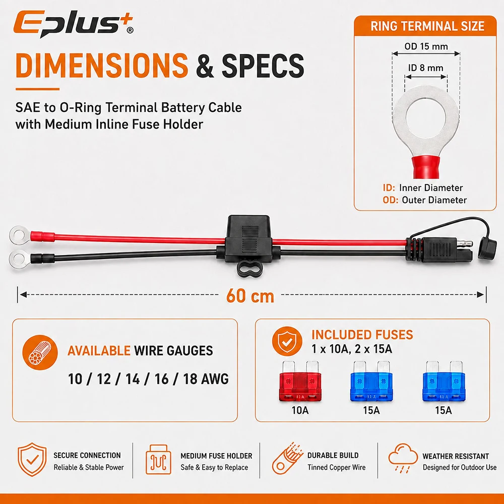 EPLUS Waterproof SAE to O Ring Terminal Battery Lead by 60cm Multi Gauge 10/12/14/16/18AWG Wire with Replaceable Medium Fuse