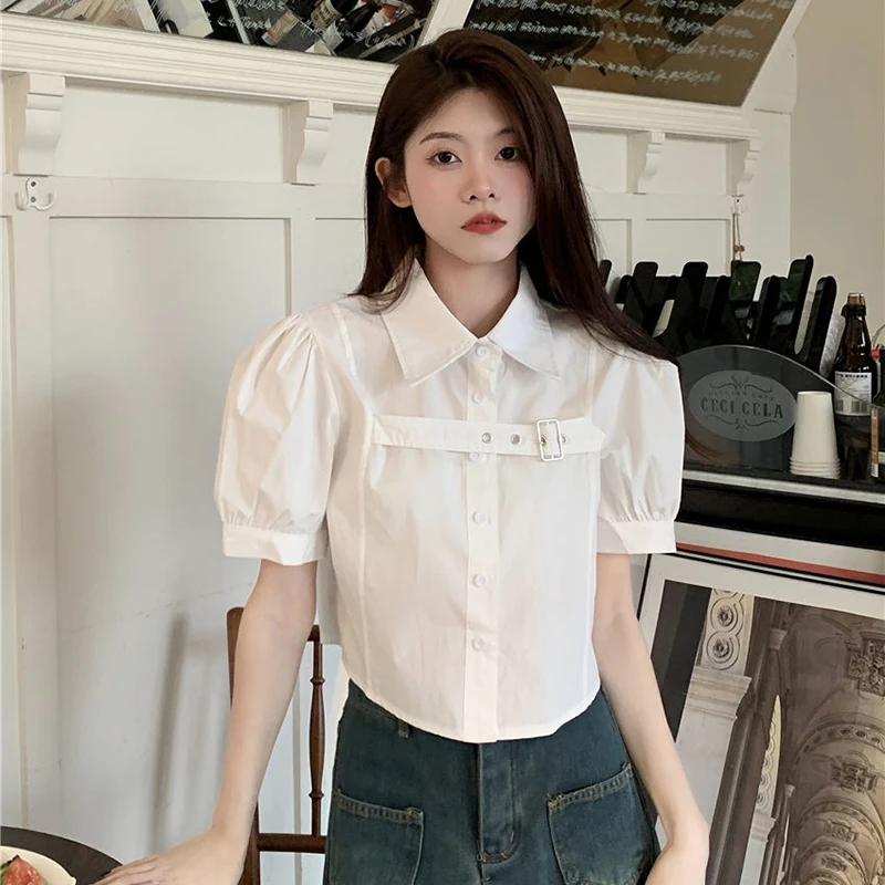 MEXZT Y2K Puff Short Sleeve Blouse Women Asymmetrical Belt Chic Slim Shirts Student Summer Korean Irregular White Crop Tops New