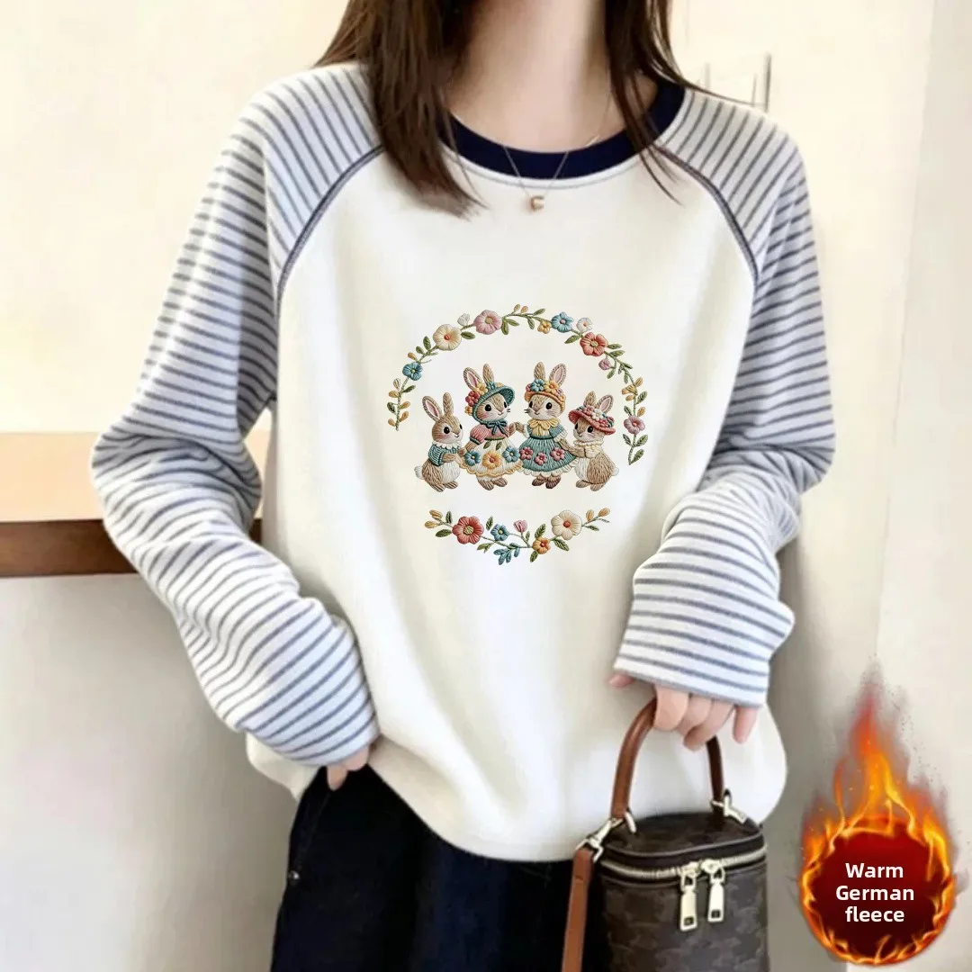 Thickened German Velvet Casual Loose T-Shirt Women's Long Sleeve round Neck Base Shirt Winter Autumn Season Color Block Stripes