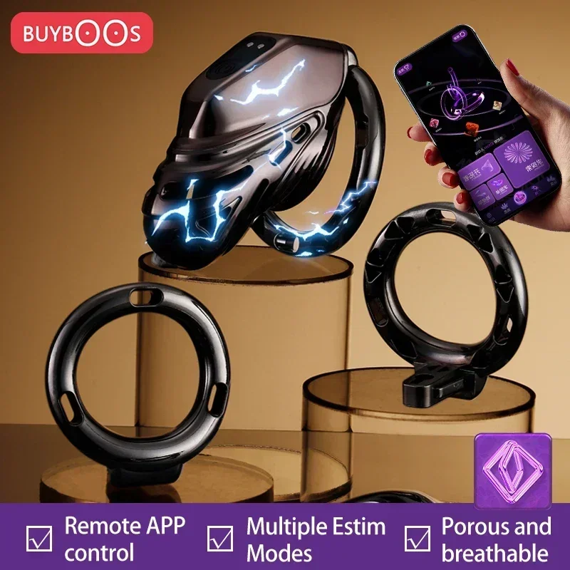 BUYBOOS التطبيق الذكي ذكر العفة قفص التحكم عن بعد صدمة كهربائية CB قفص الديك مع صوت الإحليل 4 حلقة الكبار الجنس لعب