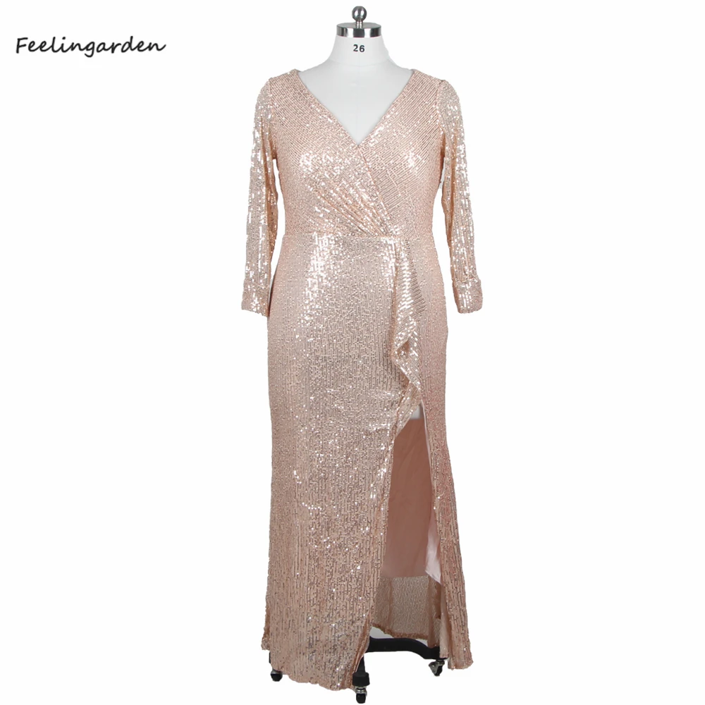 

Feelingarden Evening Dress Sequins Full Sleeves Plus size Floor Length Robe De Soiree Mermaid Trumpet Women Party Dresses F231