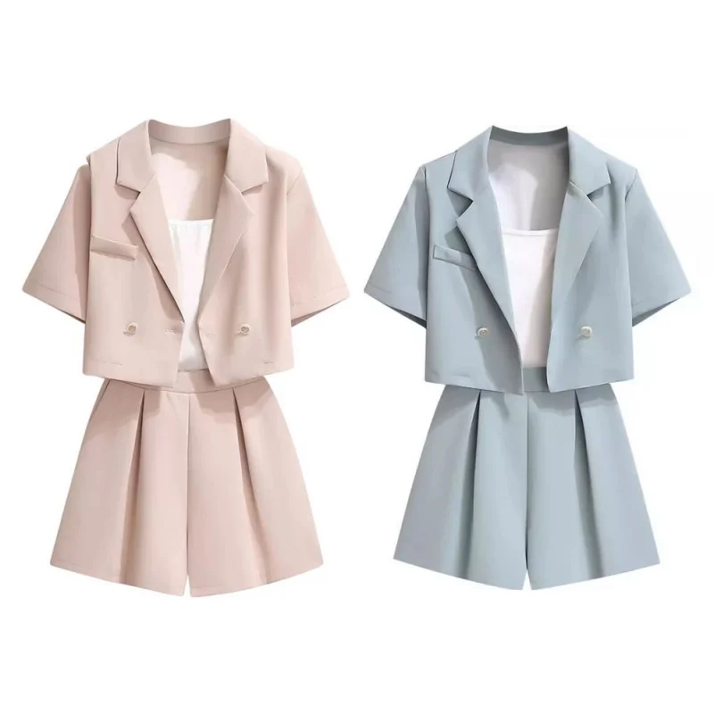 Two-piece Summer Square Shoulder Short-sleeved Short Blazer Top Jacket Loose Wide-legged Shorts Set