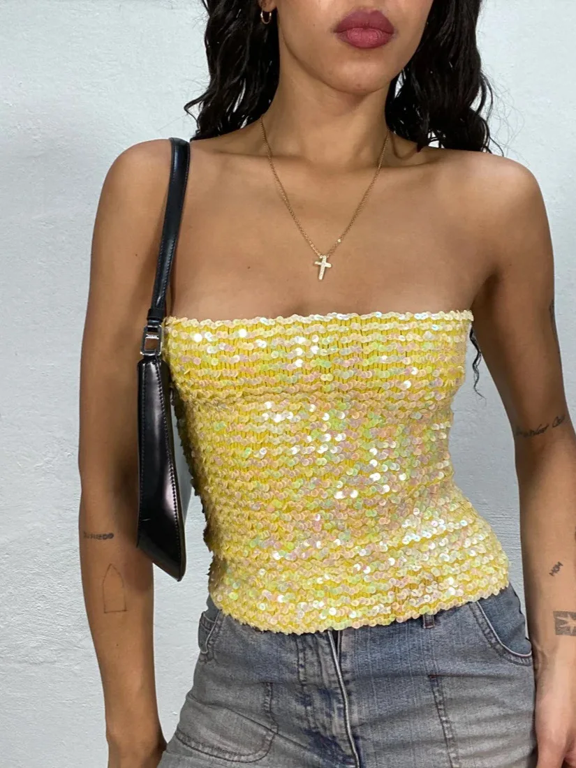 Modische Pailletten-Strick-Tops für Damen, Sexy Tiefausschnitt, Spaghetti-Träger, Rückenfreie Casual Streetwear Tops, Clubwear Weste, Urlaubstanktops