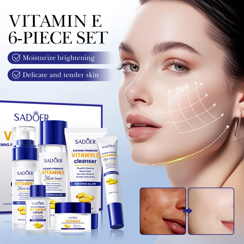 6PCS Vitamin E Skincare Set Moisturizing Whitening Face Serum Brighten Cream Anti-aging Eye Cream Toner Facial Care Set Womens