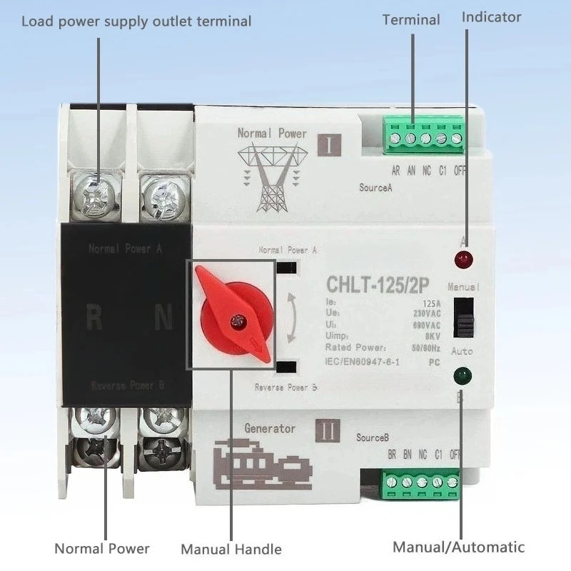 Dual Power Automatic Transfer Electrical Selector Switches Uninterrupted 2P 63A 100A 125A 110V 220V