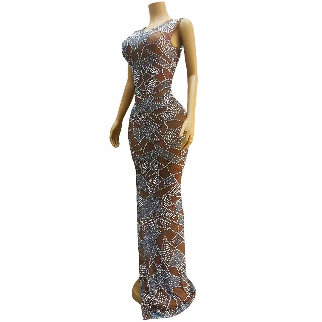 ผู้หญิง Shining Silver สีขาว Rhinestones รถไฟยาวชุดราตรีวันเกิดงานแต่งงานฉลองชุดเซ็กซี่ยืดถ่ายภาพ Gowns