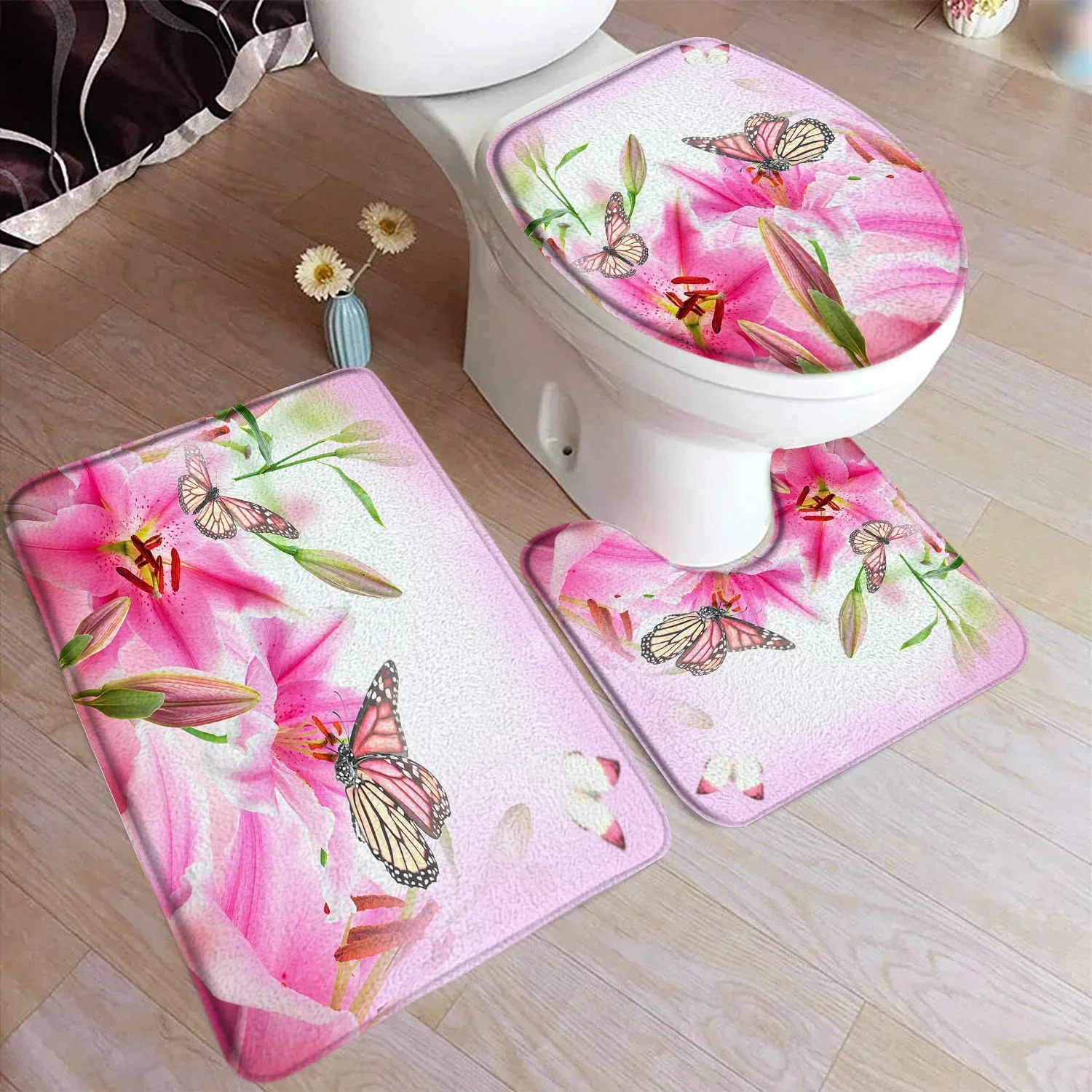 Rustic Flowers Bath Mat Set Yellow Sunflower Butterfly Blue Hydrangea Nature Floral Plant Carpet Bathroom Decor Rug Toilet Cover