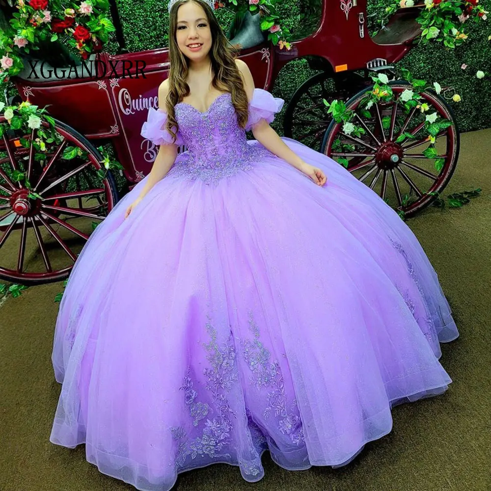 

New Light Purple Quinceanera Dress 2024 Mexican Lace Florals Sweet 16 Dress Sequin Vestidos De 15 Birthday Party Gown Plus Size