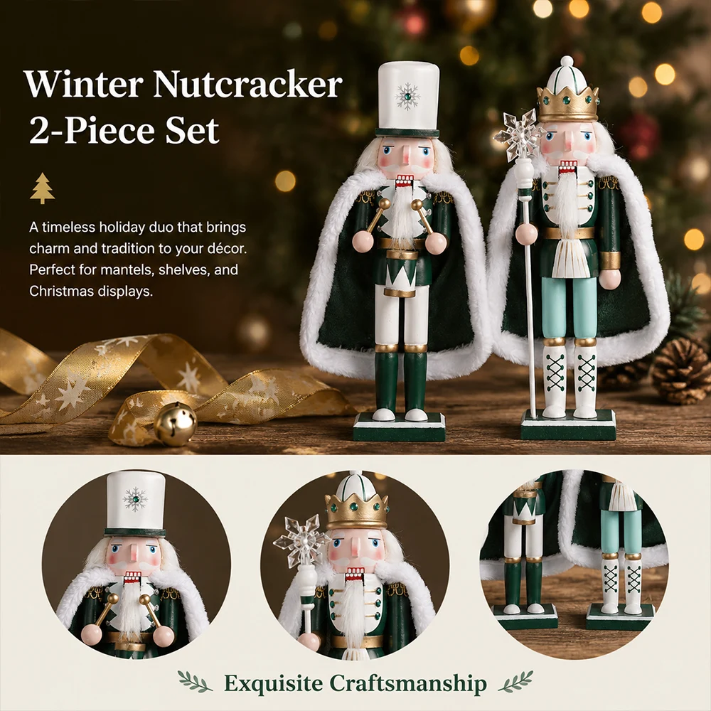 30CM Nutcracker Snowflake Cape Soldier Snow-White Puppet Wooden Nutcracker Statue doll Christmas New Year Gift Decoration