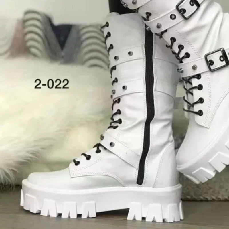 Women\'s Shoes 2024 New Cross-tied Women\'s Boots Fashion Side Zipp Modern Boots Women High Quality Belt Buckle Mid-Calf Boots