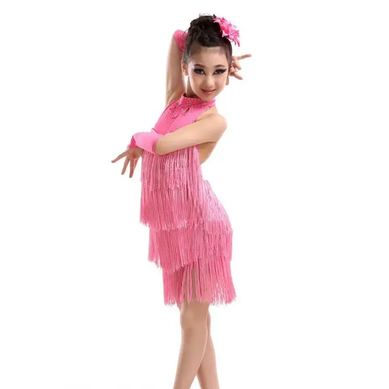 Girls' Solid Tassel Dance Dress Latin Salsa Dance Wear Party Costume Stage Performance Outfit For 4-11 Years