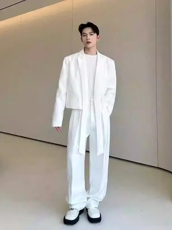 

Faionable ort Men's Suit Jaet with Sa And Wide Leg Pants Two Piece Set Autumn Wear Youth Polyester Fiber Long Sve