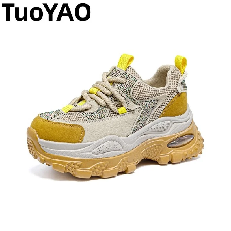 

8cm Chunky Sneakers for Women Comfortable Walking Shoes Genuine Leather Platform Shoes Wedge Heel Daily Wear Office