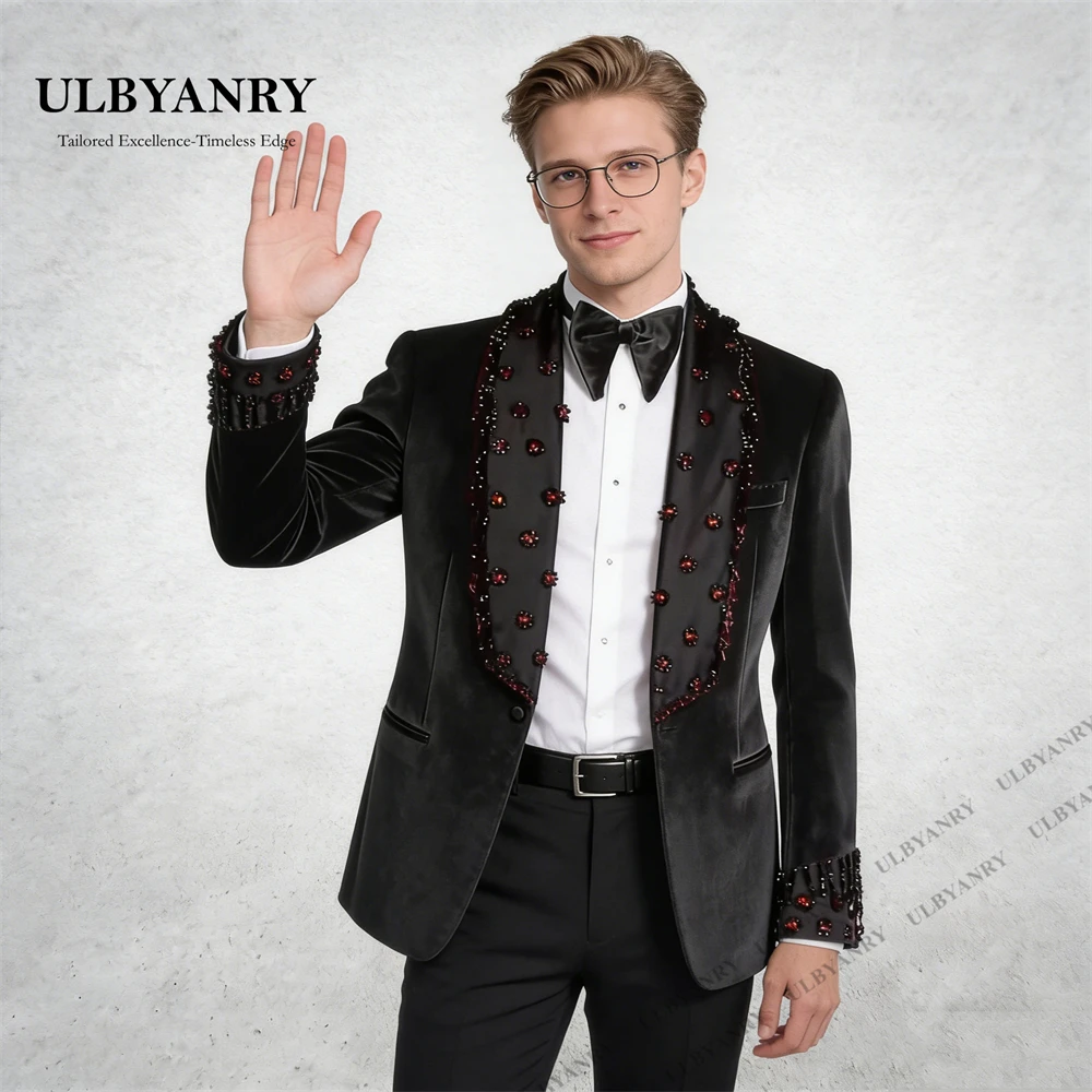 

ULBYANRY Jewel Embellished Velvet Suit & Normal Black Pants, One Button 2 Piece Prom Suit Attires, Tailored Men's Formal Tuxedo