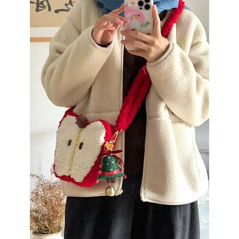 

2024 Trendy Niche Design Christmas Lamb Wool Apple Handbag Plush Cute Small Bag Versatile Crossbody Shoulder Bag