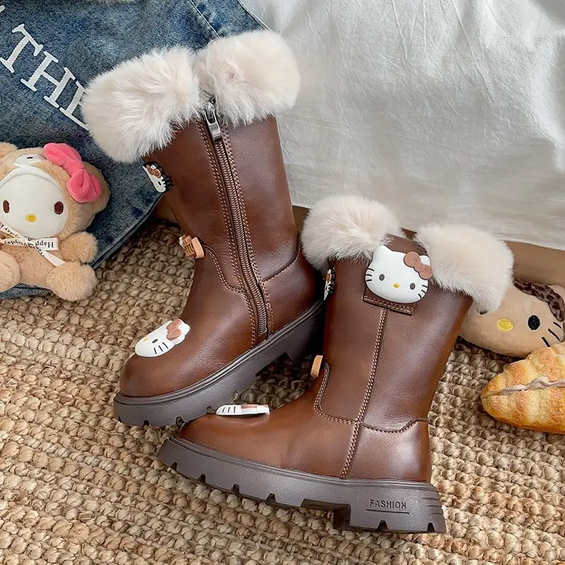 Kawaii سانريو مرحبا كيتي فتاة الكرتون الأحذية الجلدية الشتاء في الهواء الطلق سميكة سوليد أحذية الثلوج مع إضافة الصوف مهرجان هدية