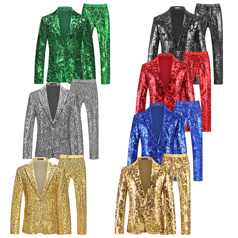 

2025 New Fashion Plant Floral Sequin Suits for Men, Multi-color Party/Performance/Stage Blzer+Pants Two-pieces Asian Size M-6XL