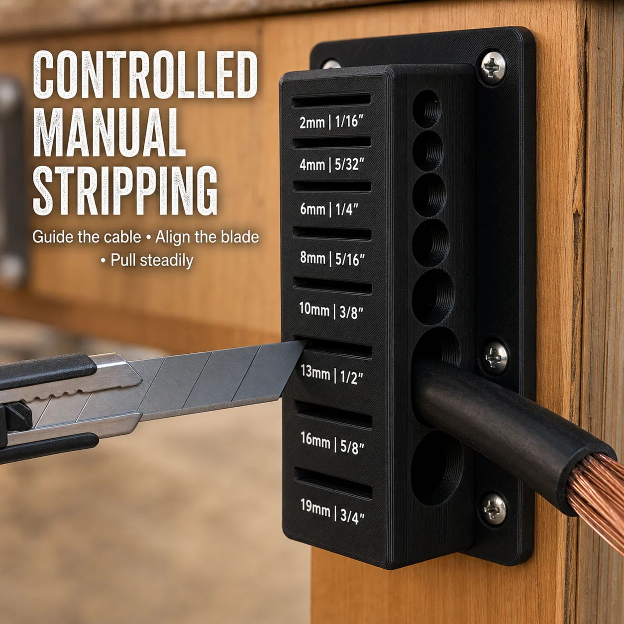 Wall-Mount Scrap Wire Stripping Guide, Black 3D-Printed Plastic Cable Peeling Jig with 8 Size Openings for Workshop