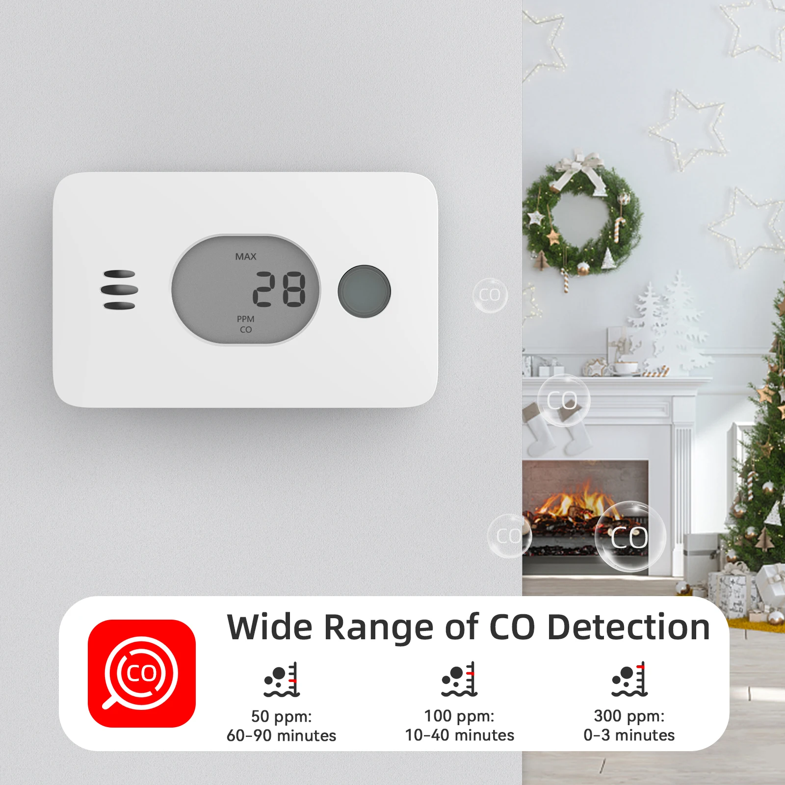 3 in 1 Carbon Monoxide Detector with Temperature&Humidity Digital screen Wireless CO Detector Home Security Protection CO Alarm