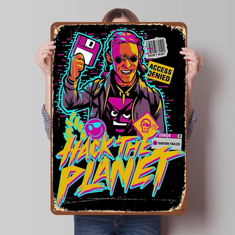 Hack the Planet - Vaporwave Version Tin Plaque Poster Customized Wall Art Retro Vintage Metal Signs for Room Home Decoration