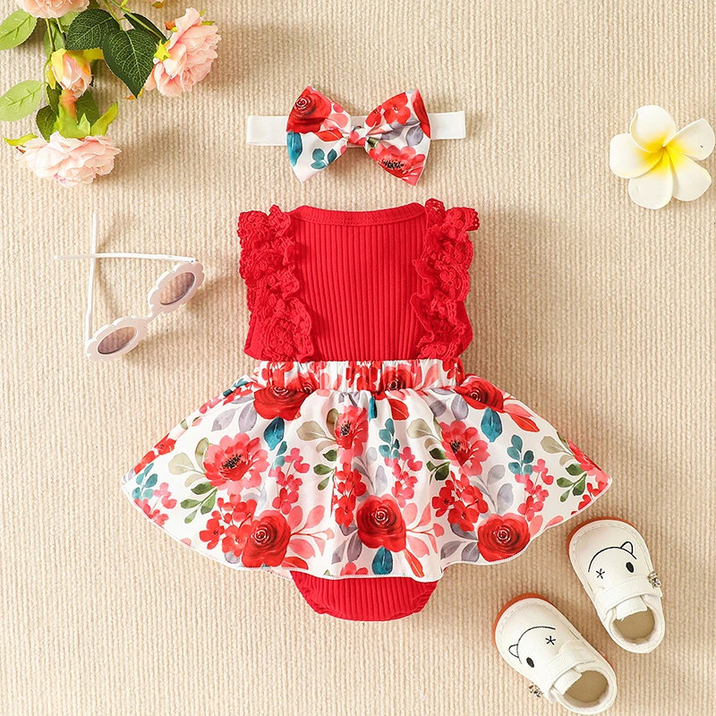 2 stücke Baby Baby Stram pler Kleid Patchwork Blumen druck Spitze ärmel los/Langarm Rundhals ausschnitt vorne Bowknot Overall Stirnband