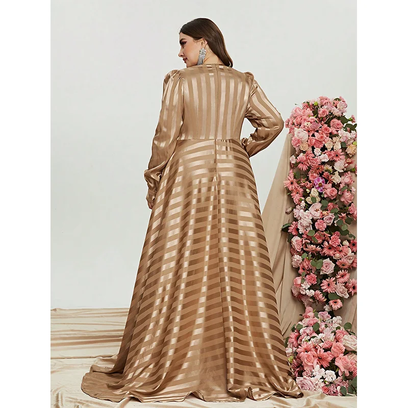 Plus Size V Neck Satin Extra Long Sleeve Evening Dress 4XL5XL Big Size Luxury Prom Party Apricot Striped Evening Dresses Women