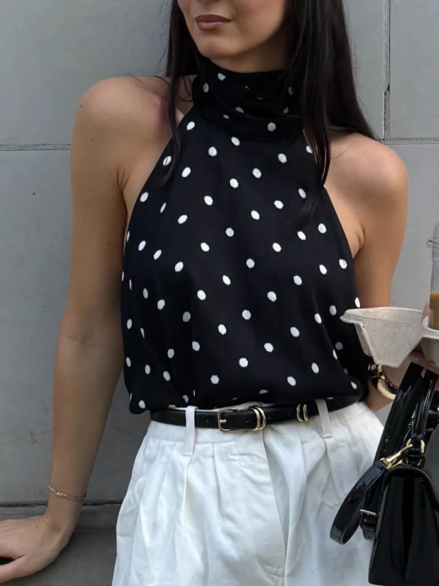 

Polka Dot Tie Neck Suspender Vest Women's Slim Fit Halter Top Breathable Polyester Fiber U Neck Design Short Length Casual Wear