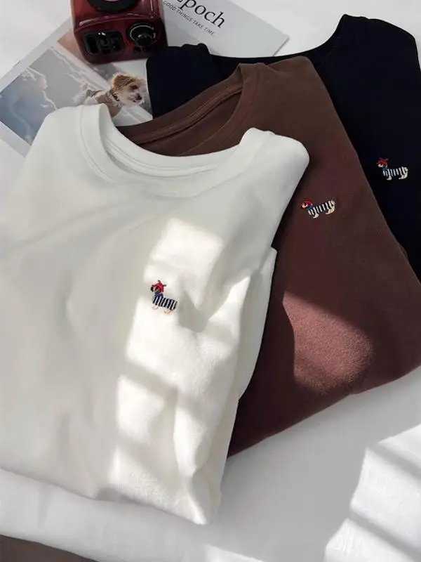 

Thickened Long Sleeve T-Shirt Women's Autumn Winter Loose Embroidered Fluffy Base Shirt Simple Style Korean Commute Fashion