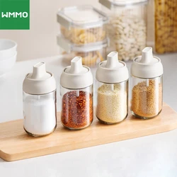 WMMO Tarro de especias con tapa, juego de latas para condimentos de hierbas con cuchara de plástico, contenedor de almacenamiento de sal, caja sellada para latas de condimentos de pimienta