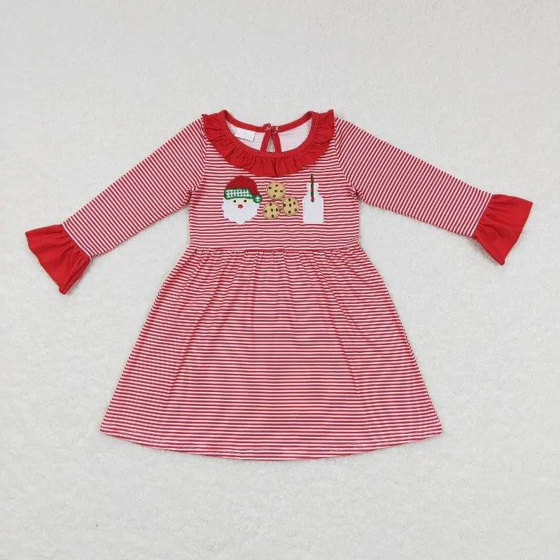 

8.25y Winter Girls Long Sleeve Dress Embroidered Santa Claus Cookie Pattern Striped Wholesale Boutique Girls Dress