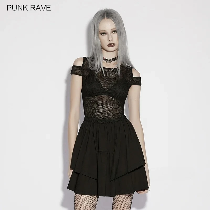 PUNK RAVE Women's Gothic Perspective Mesh Patterned Lace Off-shoulder Dress Double Layered Irregular Look Dynamic Dresses