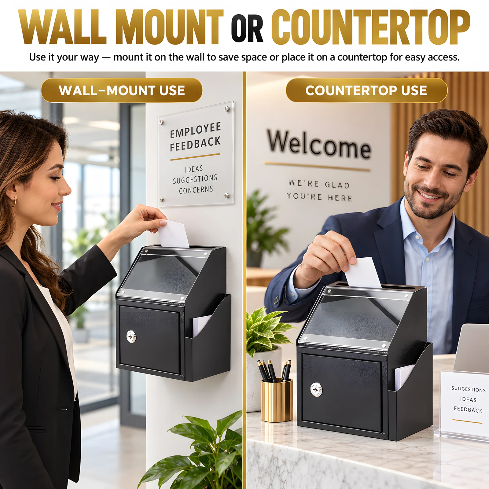 Suggestion Box with Wide Slot & Safe Lock Metal Comment Box Wall Mount Donation Box Countertop Voting Box for Church Fundraising
