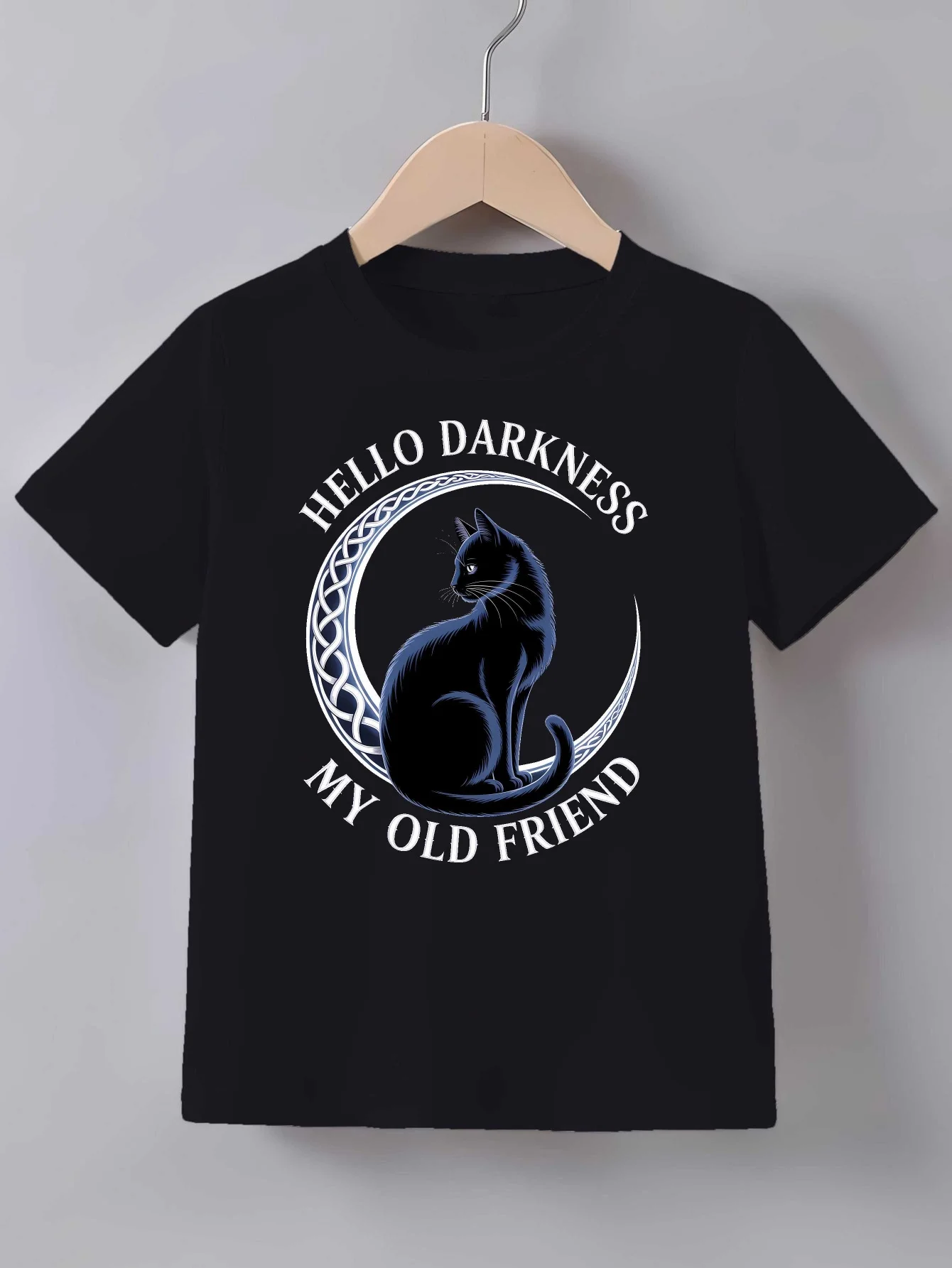 Hello Darkness My Old Friend Black Cat Moon Print T Shirt Family Matching Outfit Boys Girls Kids Short Sleeve Children Daily Tee