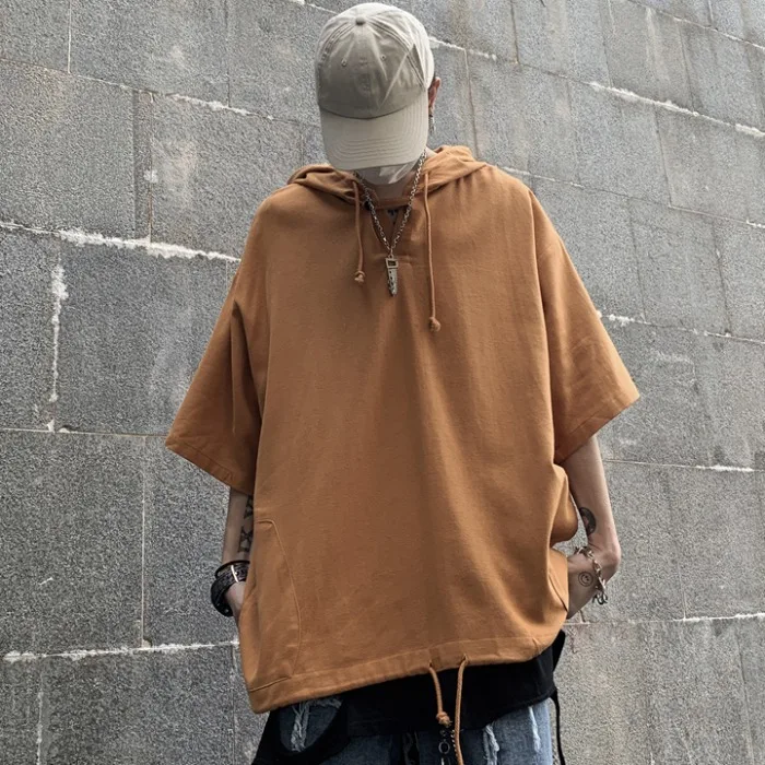Oversized T-shirt Hip Hop.loose Hooded Short Sleeve Tee Versatile Men\'s Clothing Harajuku Solid Color T-shirt Men