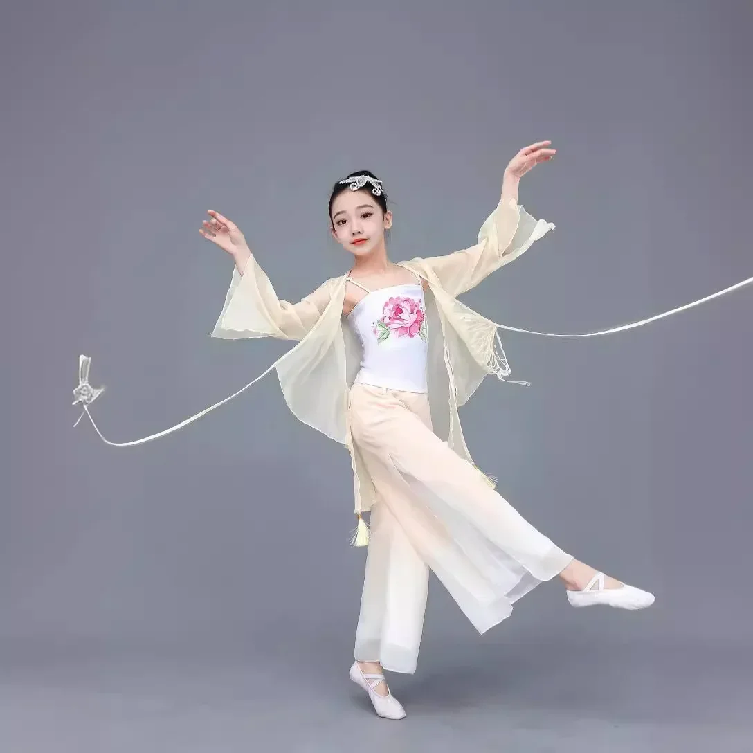 

2025Детский новый стиль Hanfu, классические танцевальные костюмы для девочек, зонтик, танцевальный веер, танцевальная одежда, национальный костюм