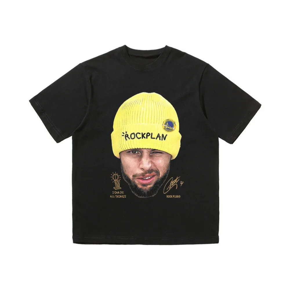 Camiseta con estampado gráfico de cara divertida de Stephen Curry, camiseta atlética de cuello redondo de baloncesto relajada Extra de gran tamaño de algodón puro para hombre