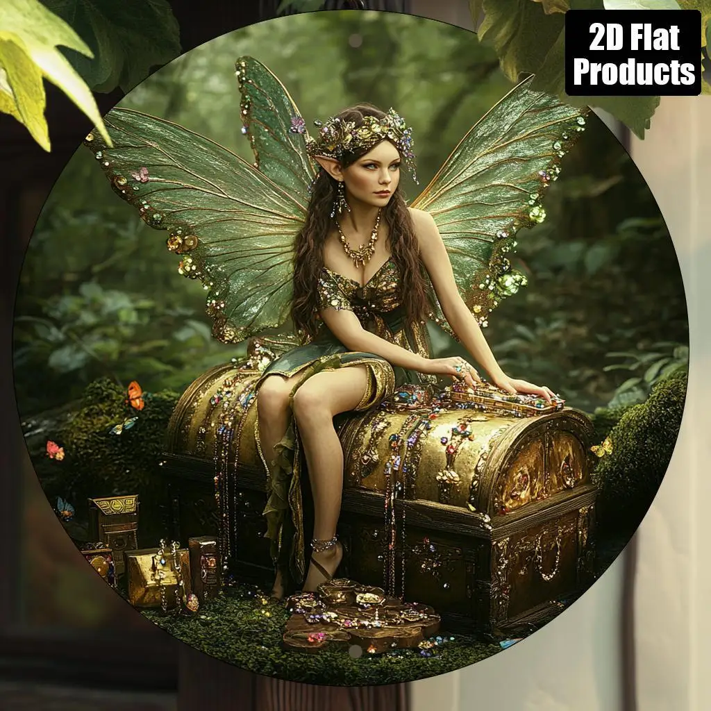 2D Flat, 1pc Enchanting Fairy with Wings Round Aluminum Wall Art - 8x8 Inch Vintage Decorative Sign, Whimsical Forest Scene with