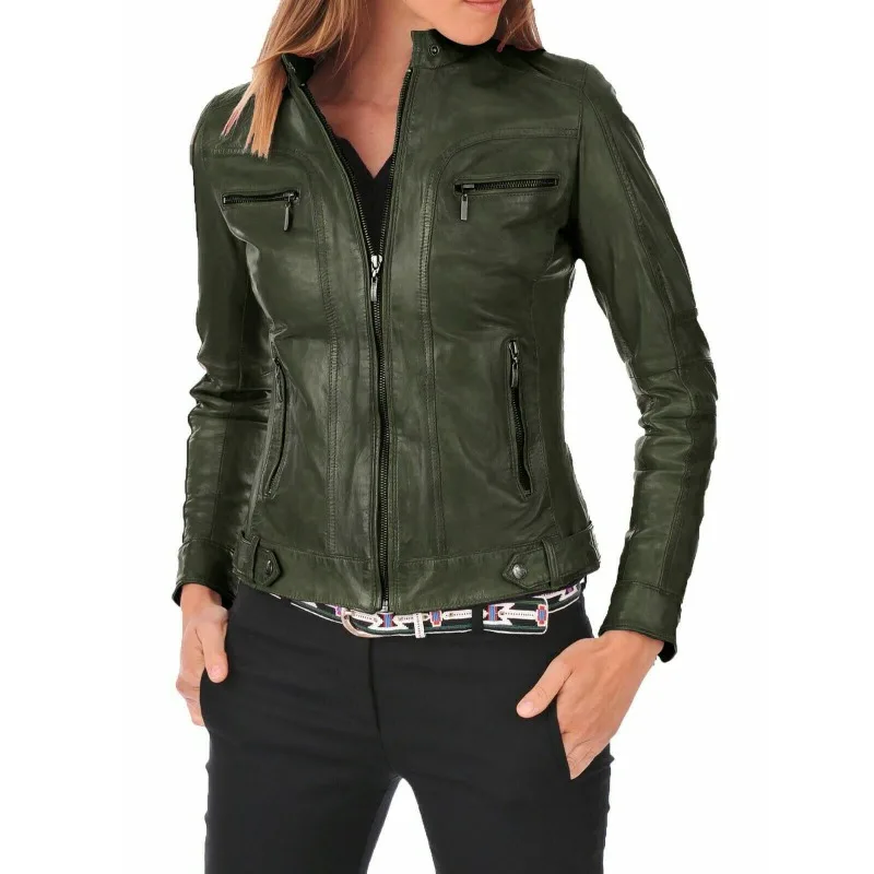 

Leather Jacket, Women's Green Sheepskin Leather Motorcycle Jacket Fashionable Trend