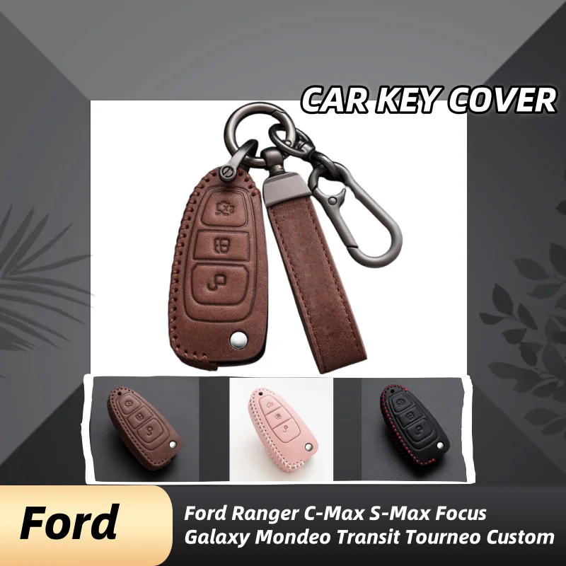 

3Button Leather Car Key Fob Cover Case For Ford Ranger C-Max S-Max Focus Galaxy Mondeo Transit Tourneo Custom Keychain Protector