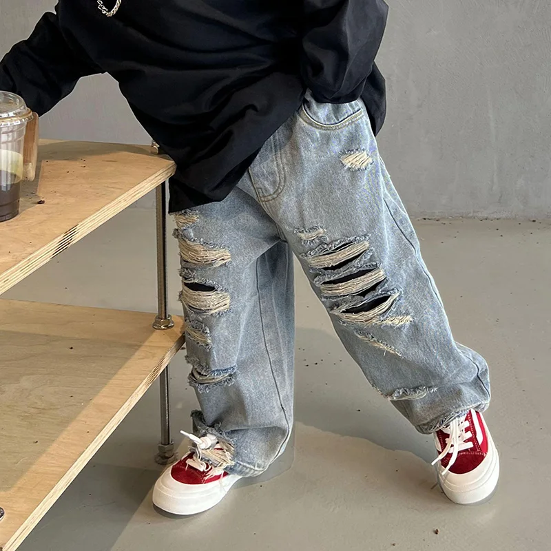 MILANCEL Autumn Kids Trousers Children Handsome Torn Patch Jeans Girls Pants