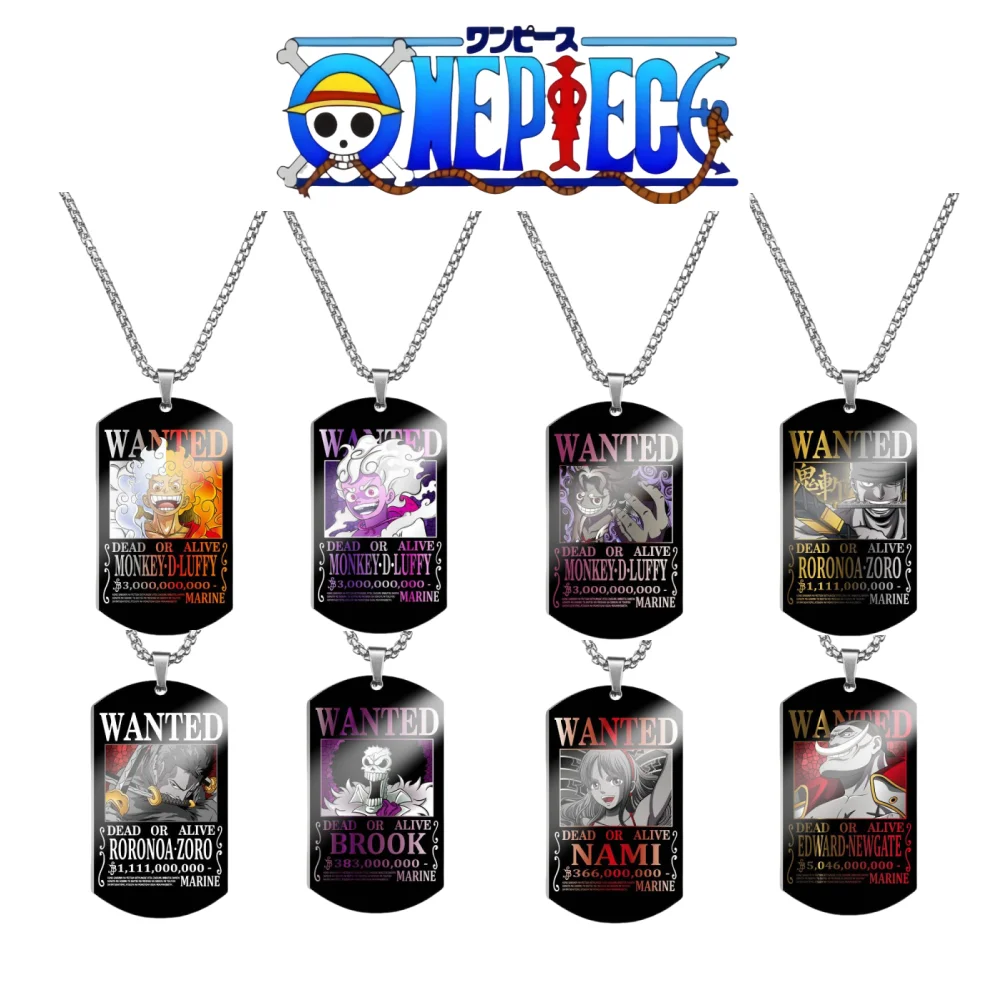 One Piece Necklace Anime Character Luffy Zoro 3 billion Wanted Bounty Poster Metal Pendant Color Printing Necklaces Fashion Gift