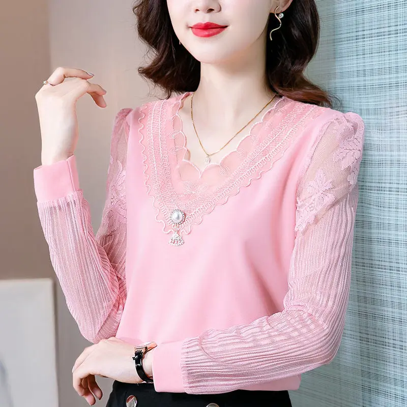 Office Lady Grace V-neck Beaded Shirt Lace Hook Flower Splice Mesh Long Sleeve Spring Blouses Women Fashion Wild Top Oversized