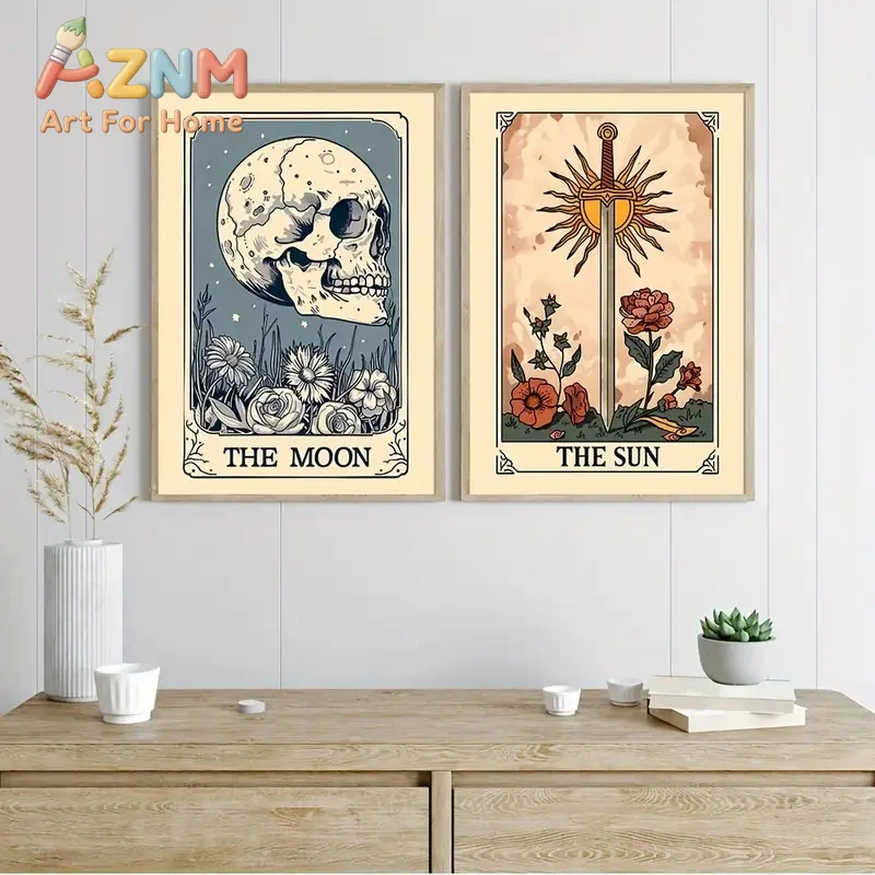 Abstract Bohemian Tarot Card Sun Moon Star Canvas Print Halloween Horror Skull Sword Wall Art Poster Modern Bedroom Home Decor