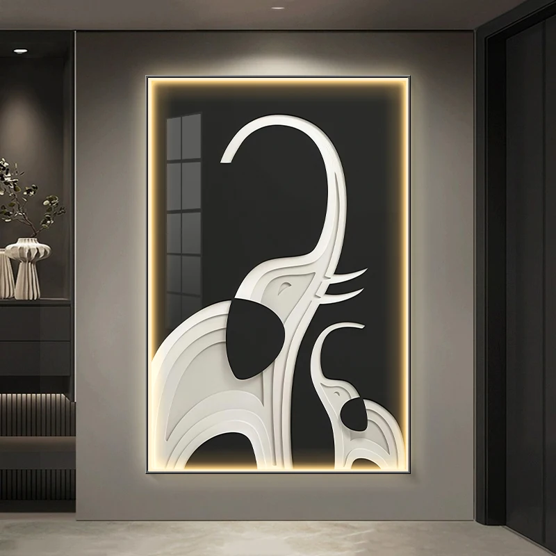 Abstract Art Home Wall Decor Black Elephant Hanging Painting Advanced LED Light Painting Modern Living Room Large Luminous Mural