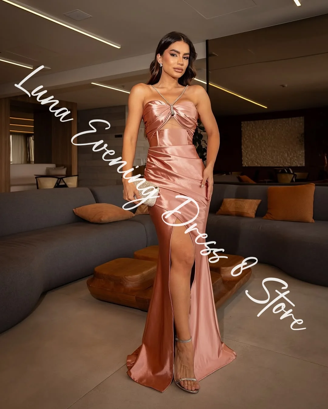 Customized  High Quality Satin Mermaid Spaghetti Straps Sequined Evening Dresses Strapless Sleeveless Panel Train Prom