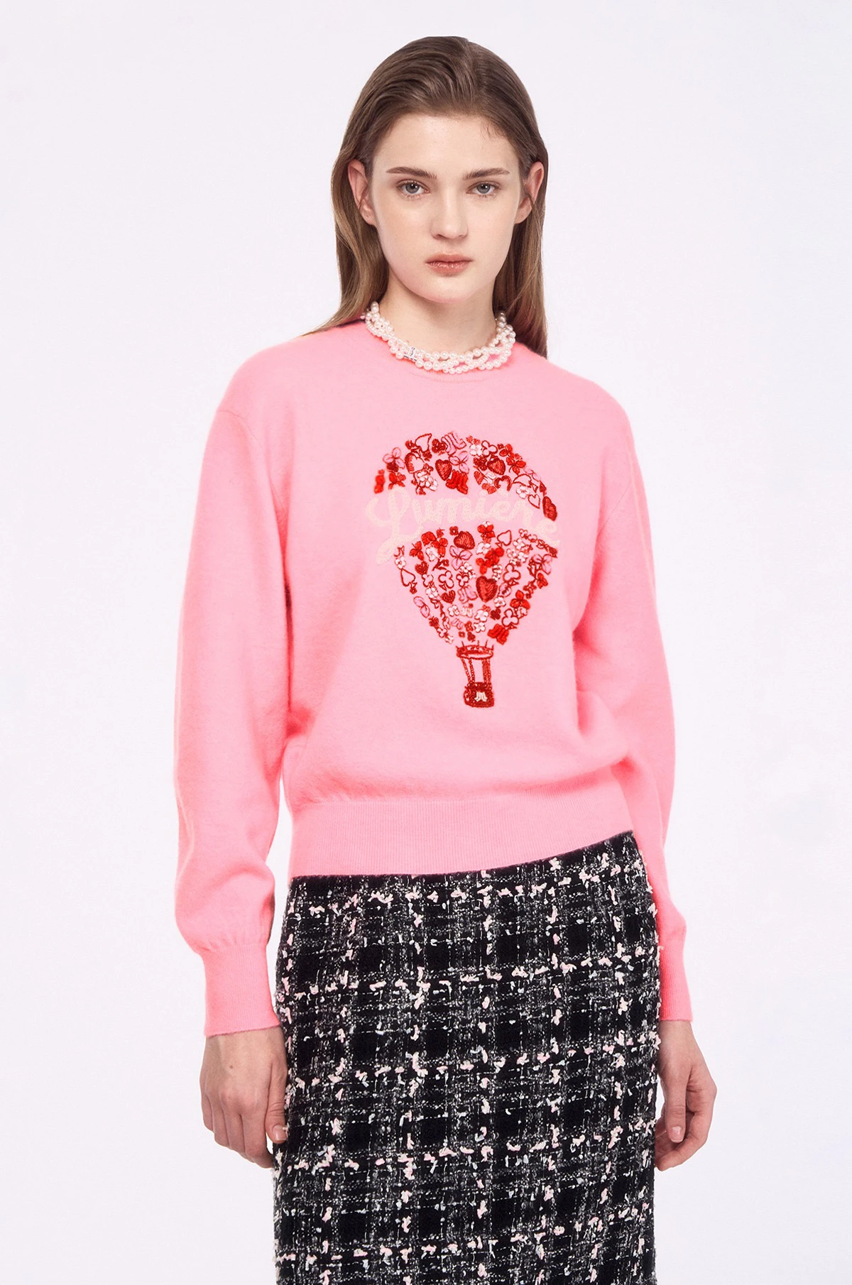 

Korean Sle Hand Sewn Embroidery Heavy Wool Knitted round Ne Hot Air Balloon Sweater Spring Faion Ladies Knitwear
